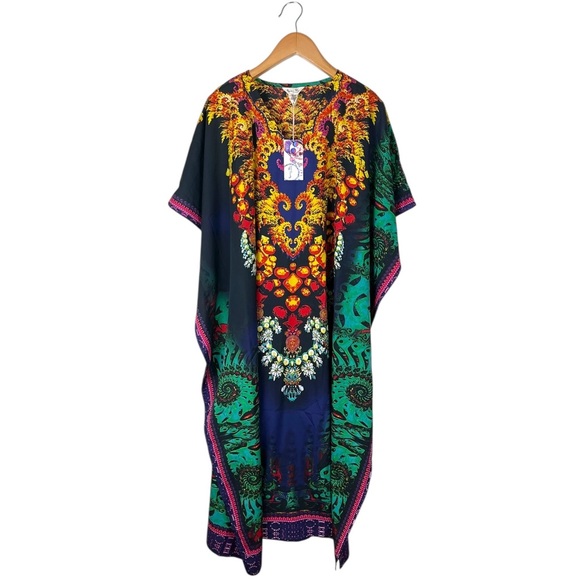 NWT Gypsie Blu Kaftan House Dress Beach MuMu OS Fits Most Multicolor Long - Picture 1 of 8